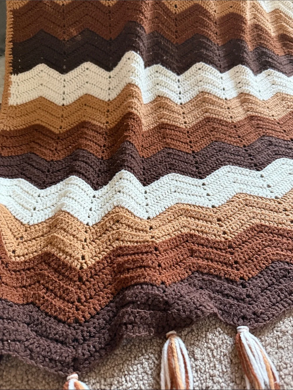 Hand Crafted Brown, Tan & White Chevron Crochet Throw Blanket